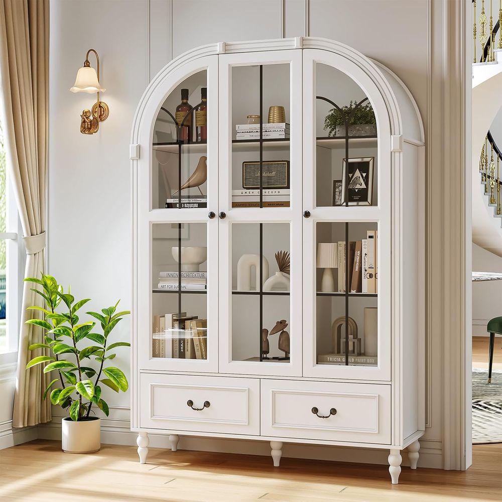 Glass Cabinet Display - 高さ70.8インチのアーチ型キッチンパントリーキャビネット、ガラス扉付き大型収納キャビネット、ディスプレイケース、2段の木製本棚