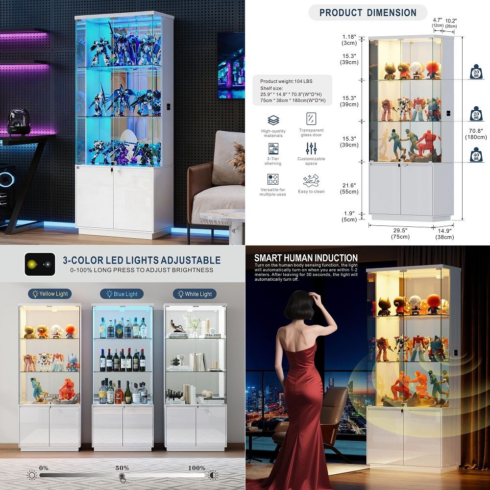 Glass Cabinet Display - 71 ガラス扉付きディスプレイキャビネット、3色ライト付き、寝室用ロック可能、ホワイト、高光沢キュリオキャビネット、調節可能なガラス付き